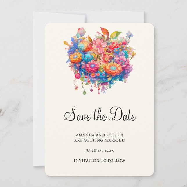 Summery Flower Bouquet Whimsical Boho Save The Date (Front)