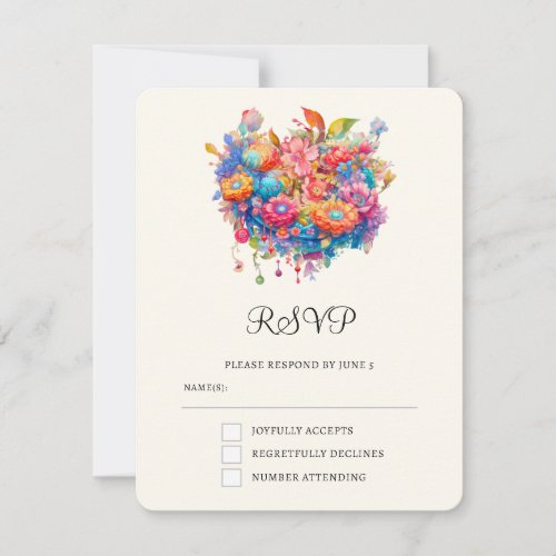 Summery Flower Bouquet Whimsical Boho Wedding RSVP Card