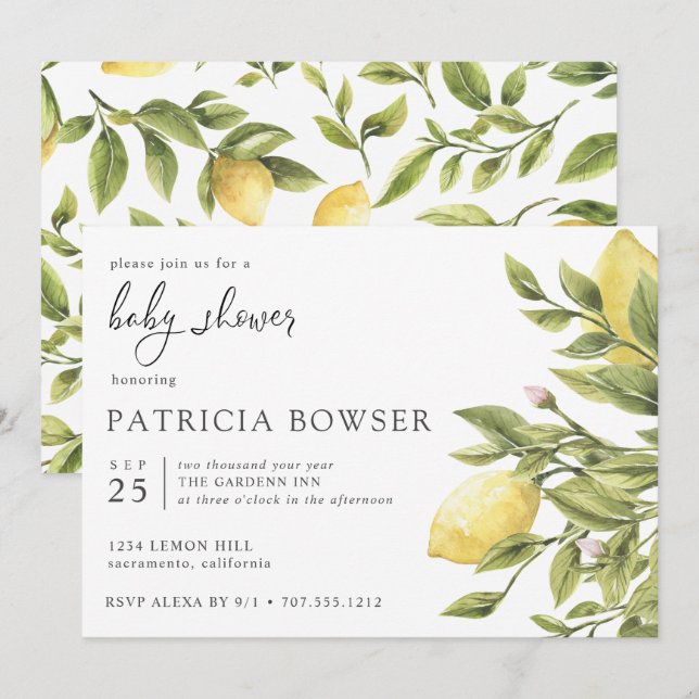 Summery lemon leaves Baby Shower custom 2 Invitation (Front/Back)