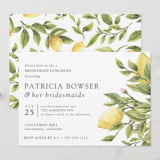Summery lemons and leaves Bridesmaid Luncheon Invitation (Front/Back)