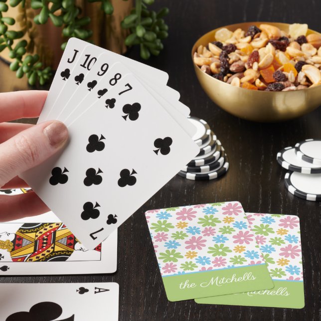 Summery Pink Lime Green Blue Flower Art Pattern Poker Cards (In Situ)