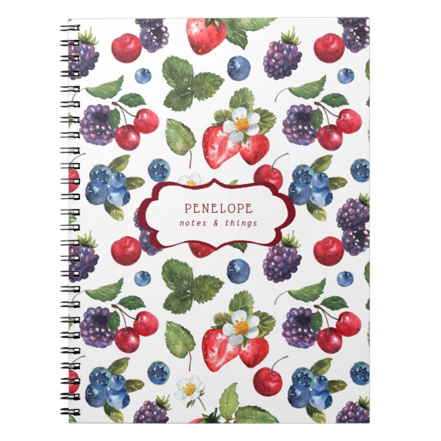Summery Sweet Berry Pattern | Monogram Notebook (Front)