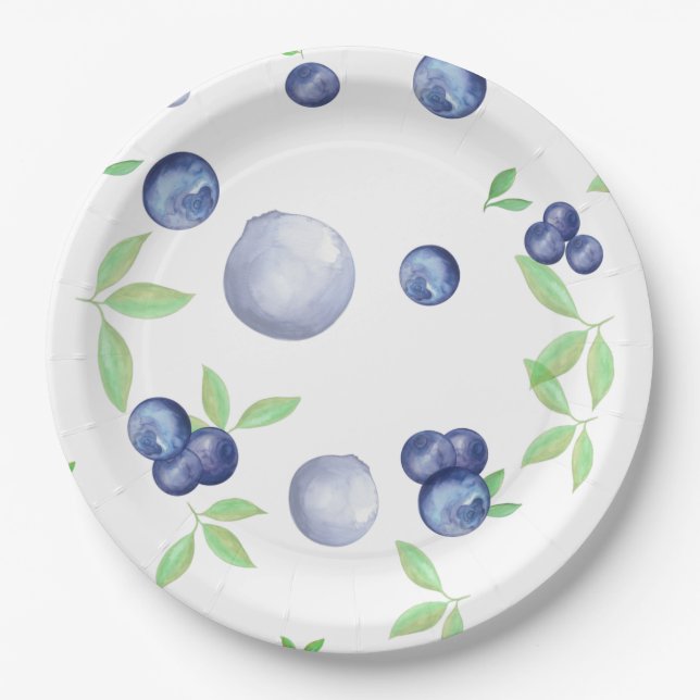 Summery Watercolor Blueberry Paper Plates (Front)