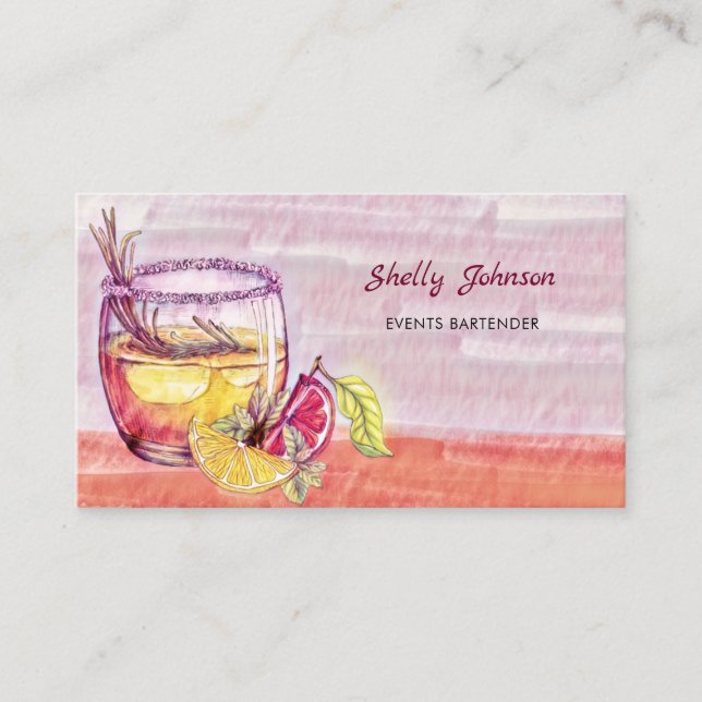 Summery Watercolor Cocktail Events Bartender Business Card (Front)