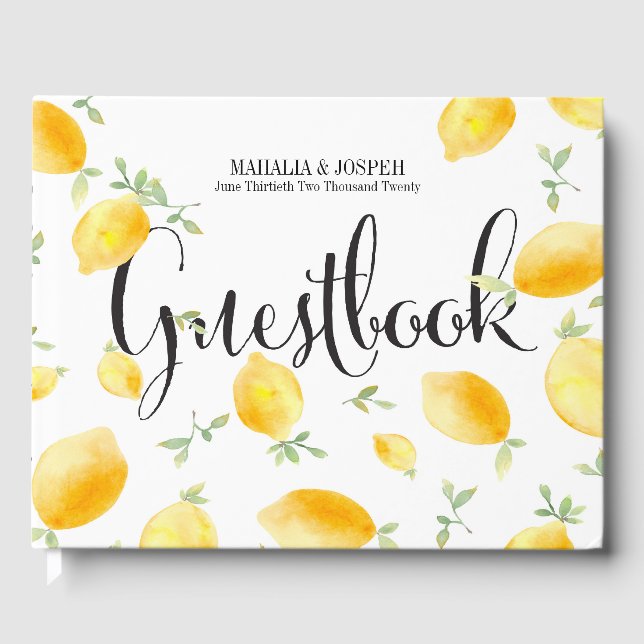 Summery Watercolor Lemon Wedding Guest Book (Front)