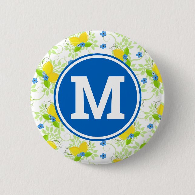 Summery White and Yellow Lemons Floral Pattern Button (Front)