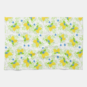 Summery White and Yellow Lemons Floral Pattern Kitchen Towel
