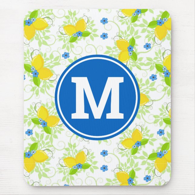 Summery White and Yellow Lemons Floral Pattern Mouse Pad (Front)