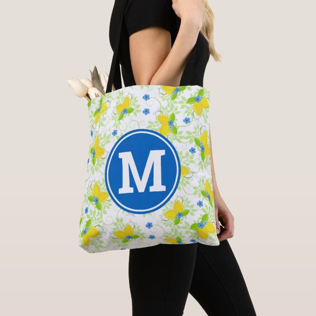 Summery White and Yellow Lemons Floral Pattern Tote Bag (Close Up)
