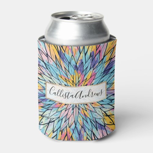 Summery Yellow Pink Floral Painted Line Art Can Cooler
