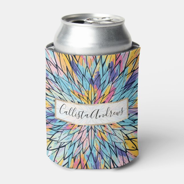 Summery Yellow Pink Floral Painted Line Art Can Cooler (Can Front)