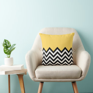 Summery Yellow White Black Zigzag Stripes Pattern Throw Pillow