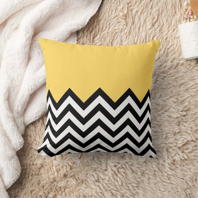 Summery Yellow White Black Zigzag Stripes Pattern Throw Pillow (Blanket)
