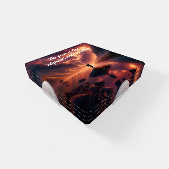 Summit Serenity: Man Overlooking Mountain Lake Coaster Set (Set)