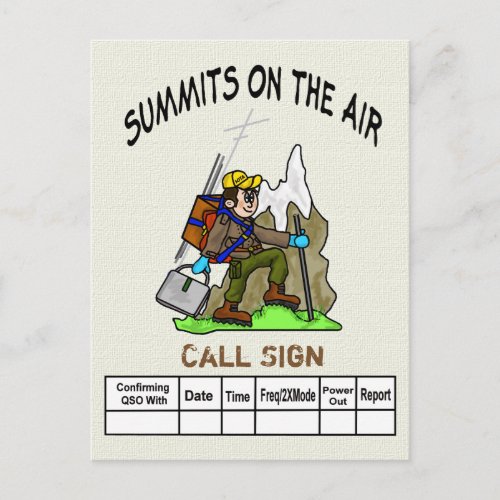 Summits On The Air Cartoon Hiking Ham QSL Card