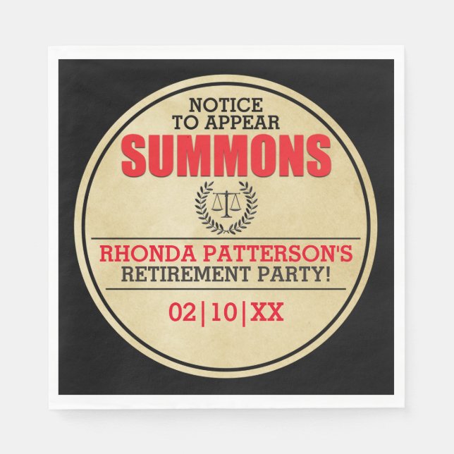 Summons Retirement Party Paper Napkins (Front)