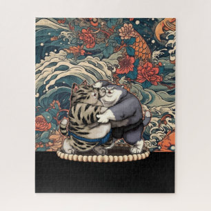 Sumo Cats with Japanese Art Background Jigsaw Puzzle