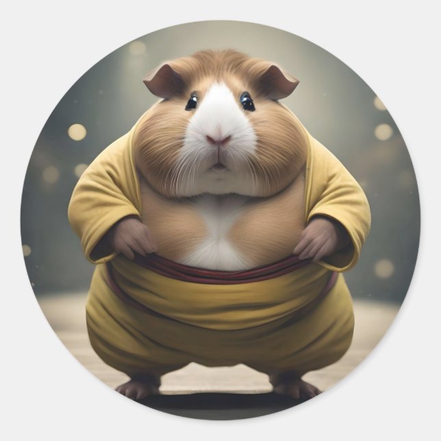 "Sumo Squeakdown: The Mighty Guinea Pig Wrestler" Classic Round Sticker (Front)