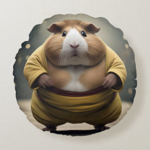 "Sumo Squeakdown: The Mighty Guinea Pig Wrestler" Round Pillow