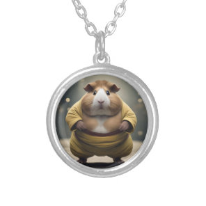 "Sumo Squeakdown: The Mighty Guinea Pig Wrestler" Silver Plated Necklace