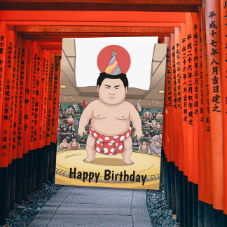 Sumo wrestler in dohy japanese flag card