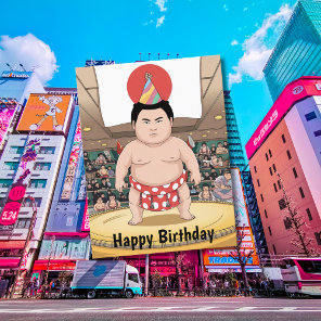 Sumo wrestler in dohy japanese flag postcard