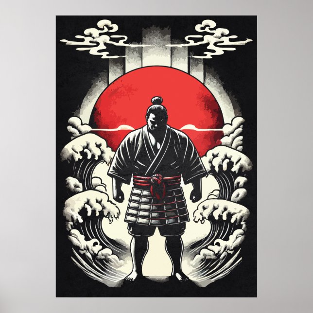 Sumo Wrestler In Red Moon, Japanese Anime Tattoo Poster (Front)