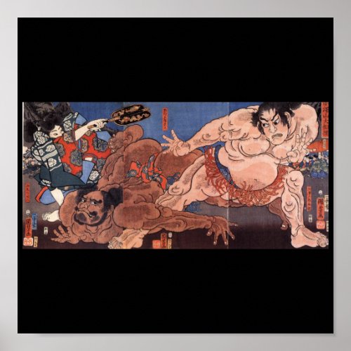 Sumo Wrestlers Japanese Painting c 1800s Poster