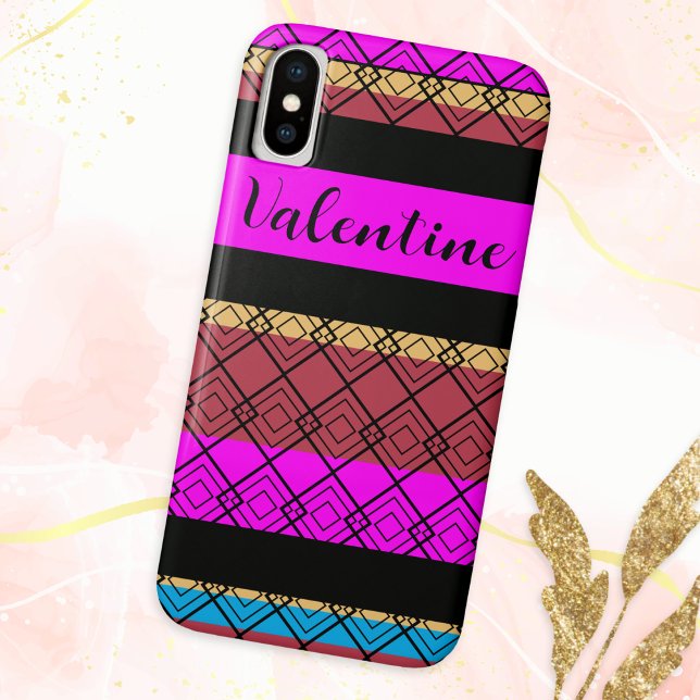 Sumptuous Patterned Boho Stylish Elegant Valentine Case-Mate iPhone Case (A phone case with 'Valentine' in romantic script typography, with geometric design in rich colors)