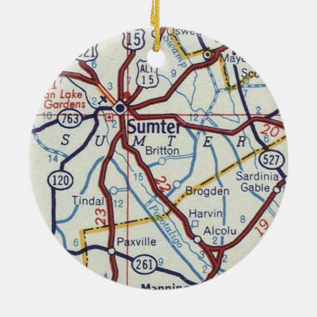 Sumter SC Vintage Map Ceramic Ornament (Back)