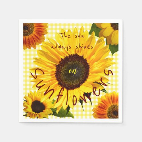 Sun Always Shines Sunflower Yellow Buffalo Plaid  Napkins