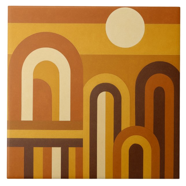Sun and Arches Mid Century Modern Geometric Design Ceramic Tile (Front)