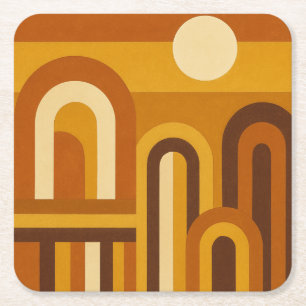 Sun and Arches Mid Century Modern Geometric Design Square Paper Coaster