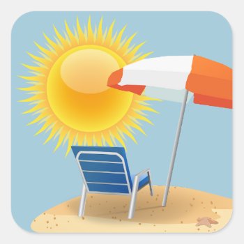 Sun And Beach Umbrella Square Sticker by beachcafe at Zazzle