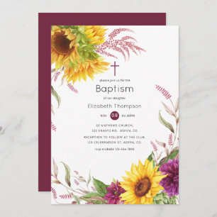 Sun and Burgundy Plum Floral Baptism Invitation