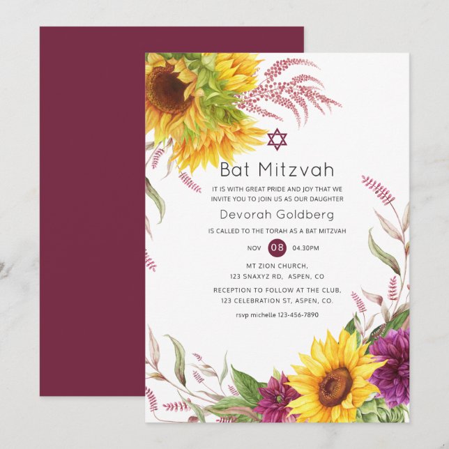 Sun and Burgundy Plum Floral Bat Mitzvah Invitation (Front/Back)