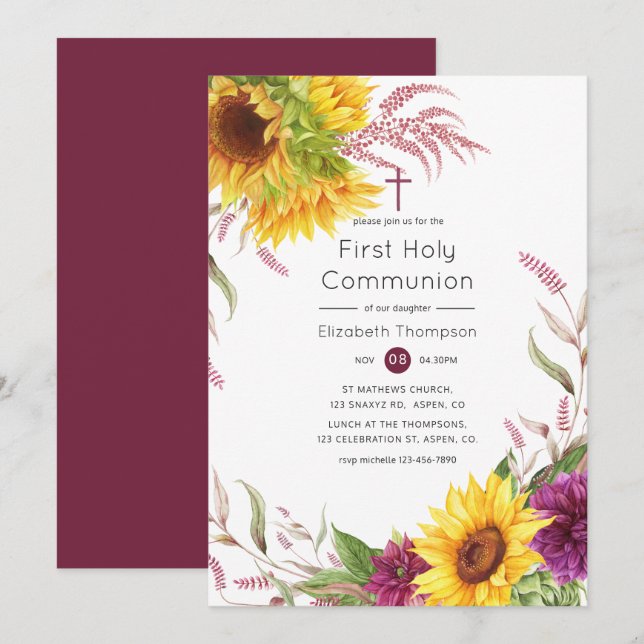 Sun and Burgundy Plum Floral Holy Communion Invitation (Front/Back)