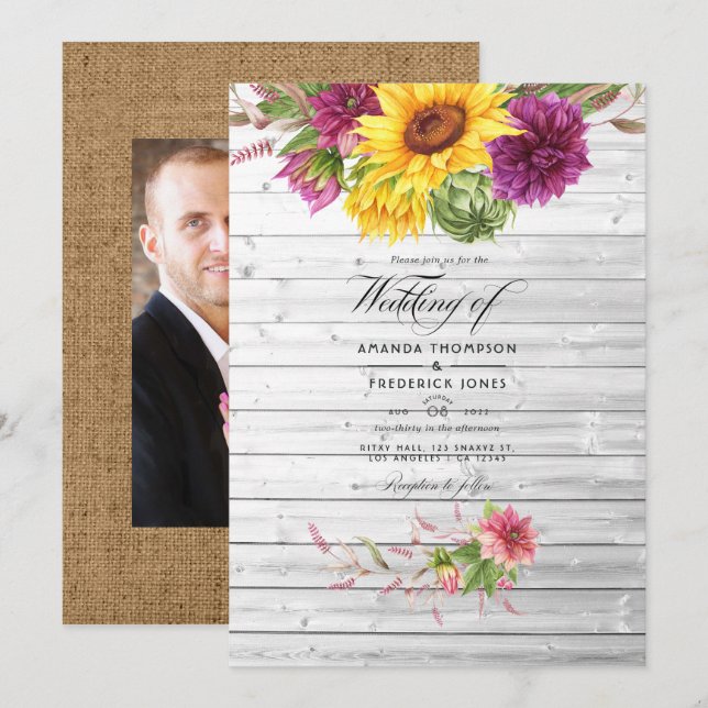 Sun and Burgundy Plum Floral Rustic Wedding Photo Invitation (Front/Back)