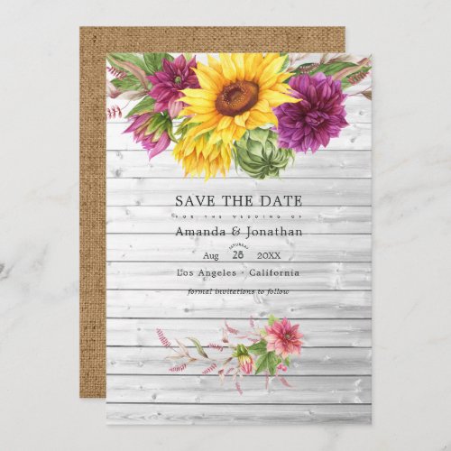 Sun and Burgundy Plum Floral Rustic Wedding Photo Save The Date