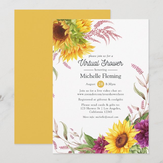 Sun and Burgundy Plum Floral Virtual Bridal Shower Invitation (Front/Back)