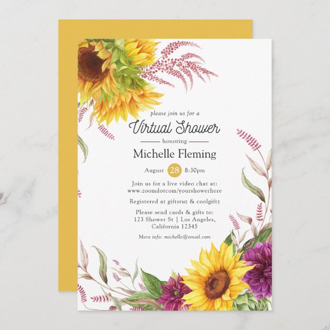 Sun and Burgundy Plum Floral Virtual Bridal Shower Invitation (Front/Back)