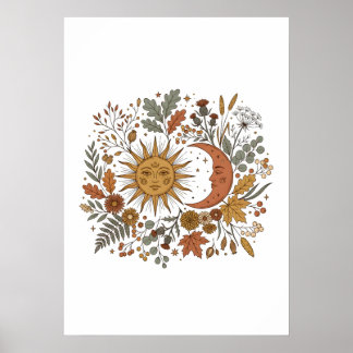 Sun and Crescent Moon Botanical Autumn Hoodie Poster