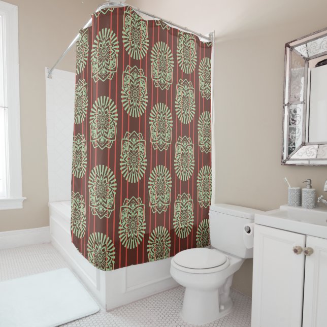 Sun and Flower Petal Stripe Green Red Brown Mayan Shower Curtain (In Situ)