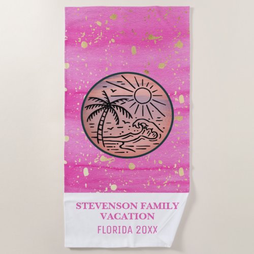 Sun and Fun Family Vacation Palm Tree Pink Gold Beach Towel