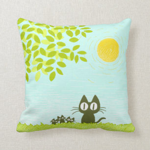 Sun and Leaves and Black Cat Throw Pillow