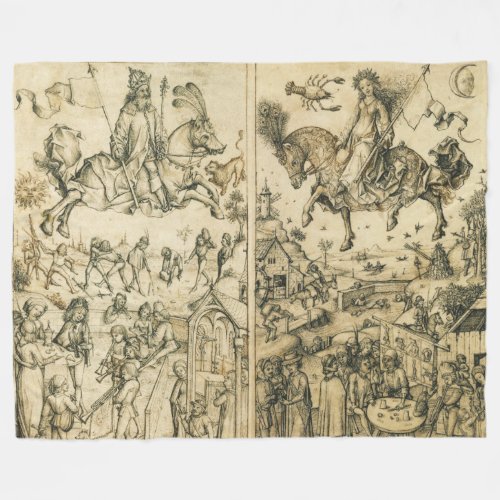 SUN AND MOON Antique Black White Astrology Drawing Fleece Blanket