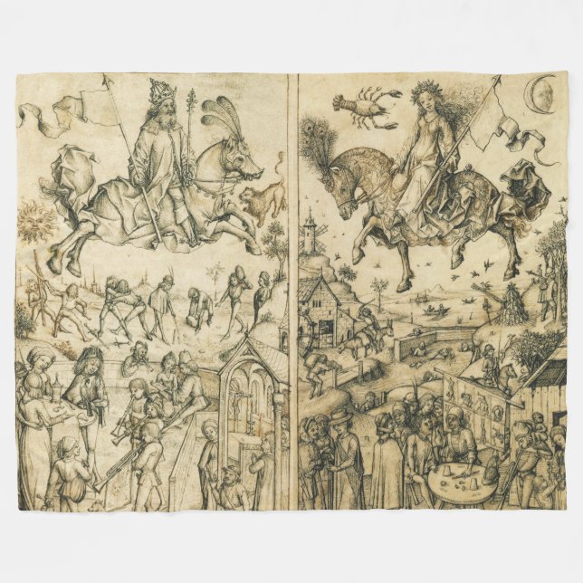 SUN AND MOON Antique Black White Astrology Drawing Fleece Blanket (Front (Horizontal))