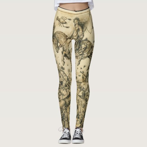SUN AND MOON Antique Black White Astrology Drawing Leggings