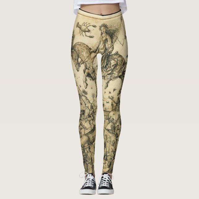 SUN AND MOON Antique Black White Astrology Drawing Leggings (Front)