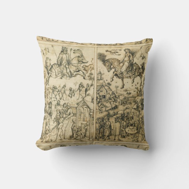 SUN AND MOON Antique Black White Astrology Drawing Throw Pillow (Front)